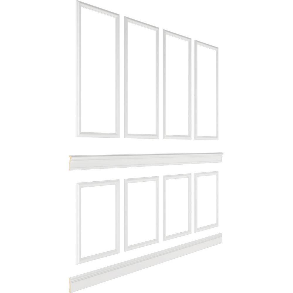 Ekena Millwork 94 12 in. (Adjustable 108 in. to 132 in.) 70 sq. ft. Polyurethane Ashford Square Panel Stacked Wall Wainscot Kit Primed WPKUST052P108