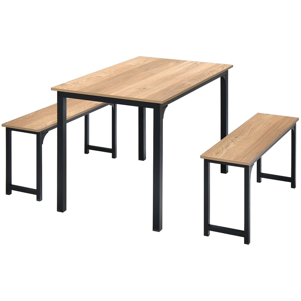 Gymax Modern 3 PCS Dining Table Bench Set w/ Metal Frame   Wooden