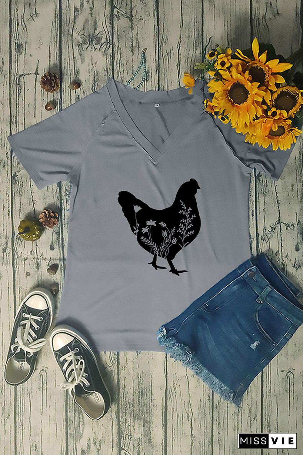 Floral Chicken V Neck Graphic Tee