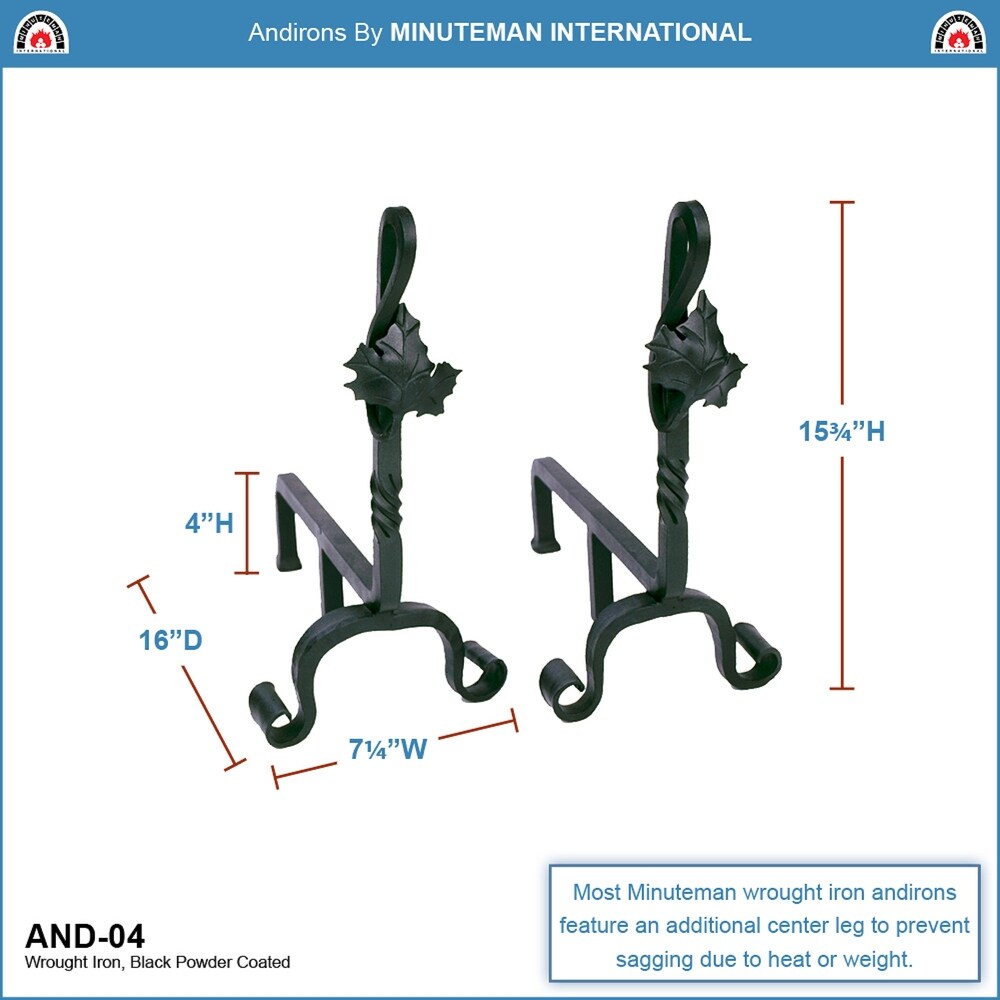 Minuteman International Decorative Maple Leaf Andirons for Fireplace Logs  15.25 Inch Tall  Black