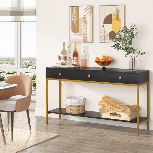 VANOMi 54.33'' Console Table with 3 Drawers， Black Entryway Table with Storage Shelves