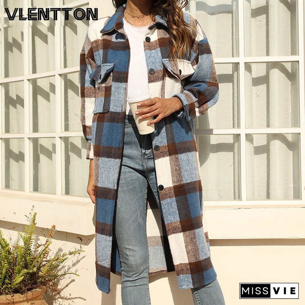 New Autumn Winter Women Casual Loose Blue Plaid Jacket  Warm Overcoat Fashion Long Coats