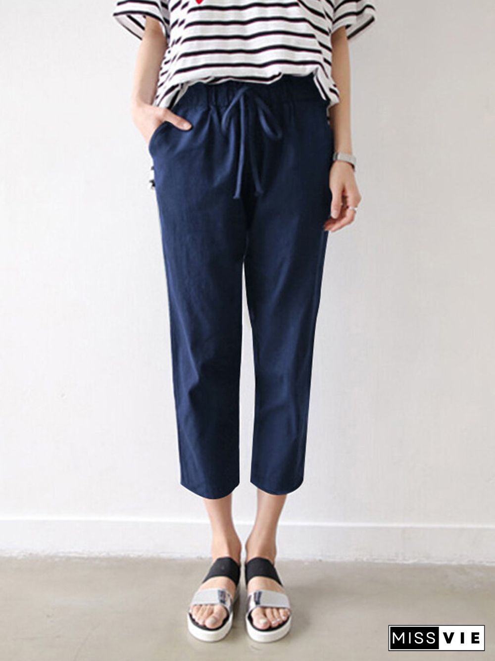 Leisure Solid Drawstring Pocket Cotton Pants