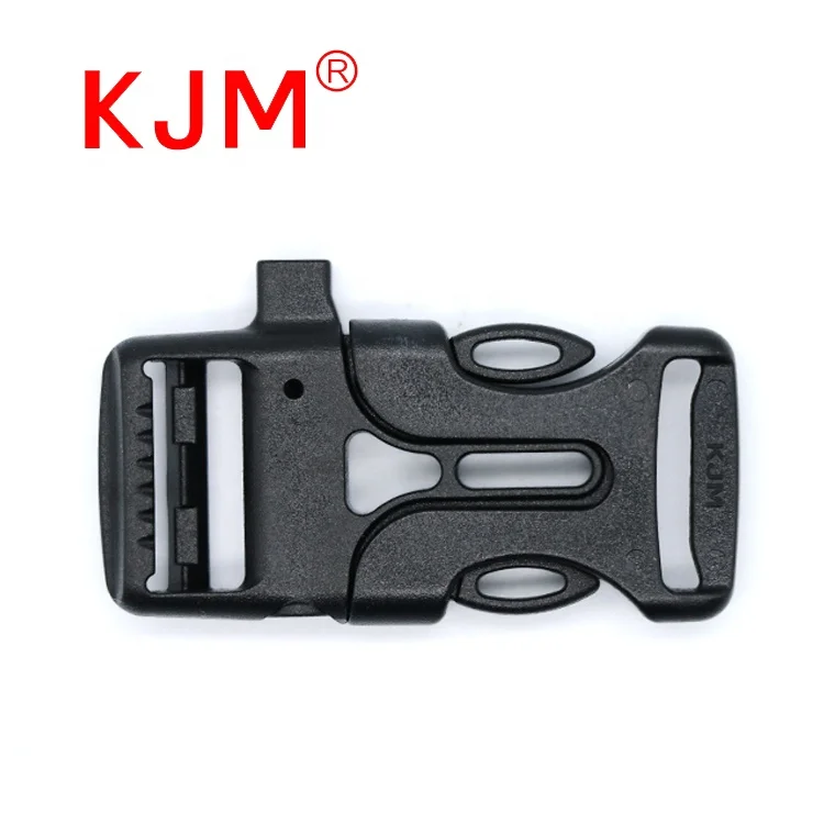 KJM China Factory Outdoor Hiking Backpack Accessories Pom Recycled Plastic Side Release Survival Bracelet Buckles Whistle Clasp