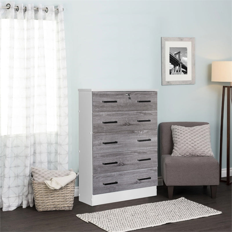 Better Home WC5-Wht-Gry Cindy 5 Drawer Chest Wooden Dresser with Lock, White & Gray