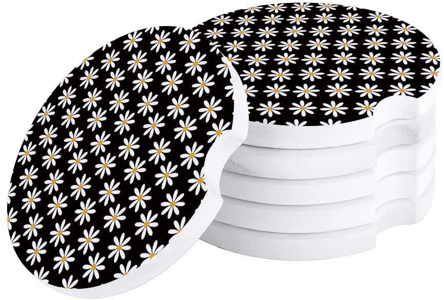 ZHANZZK White Daisy Black Set of 2 Car Coaster for Drinks， Absorbent Ceramic Stone Coasters Cup Mat with Cork Base for Home Kitchen Room Coffee Table Bar Decor