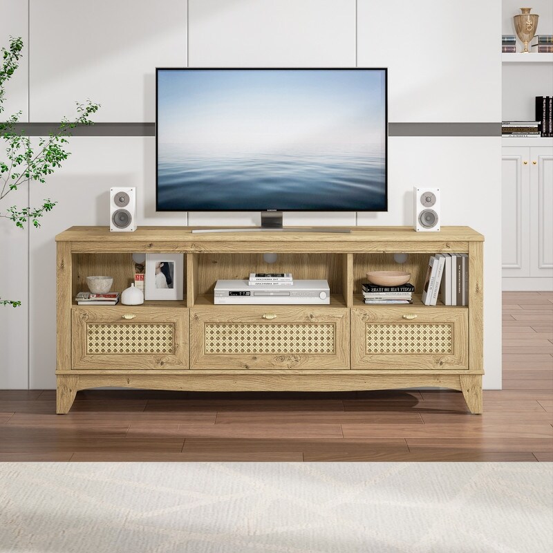 55 inch Rustic Wood TV Stand with Wicker Door Design for TVs up to 65\