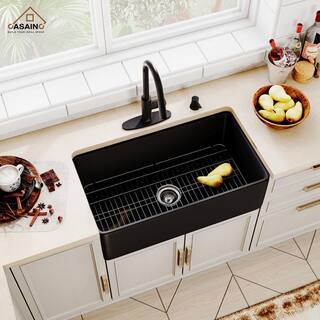 CASAINC Black Fireclay 30 in. Single Bowl Farmhouse Apron Kitchen Sink with Pull Down Kitchen Faucets and Accessories CA-B30-W3374MB