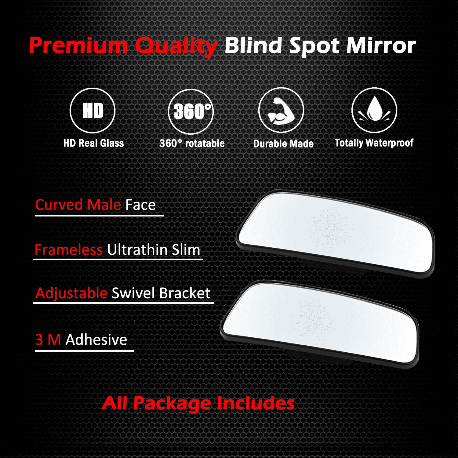 Rectangle Blind Spot Mirror， 360 Degree HD Glass and ABS Housing Convex Wide Angle Rearview Mirror for Universal Car Fit (Pack of 2)