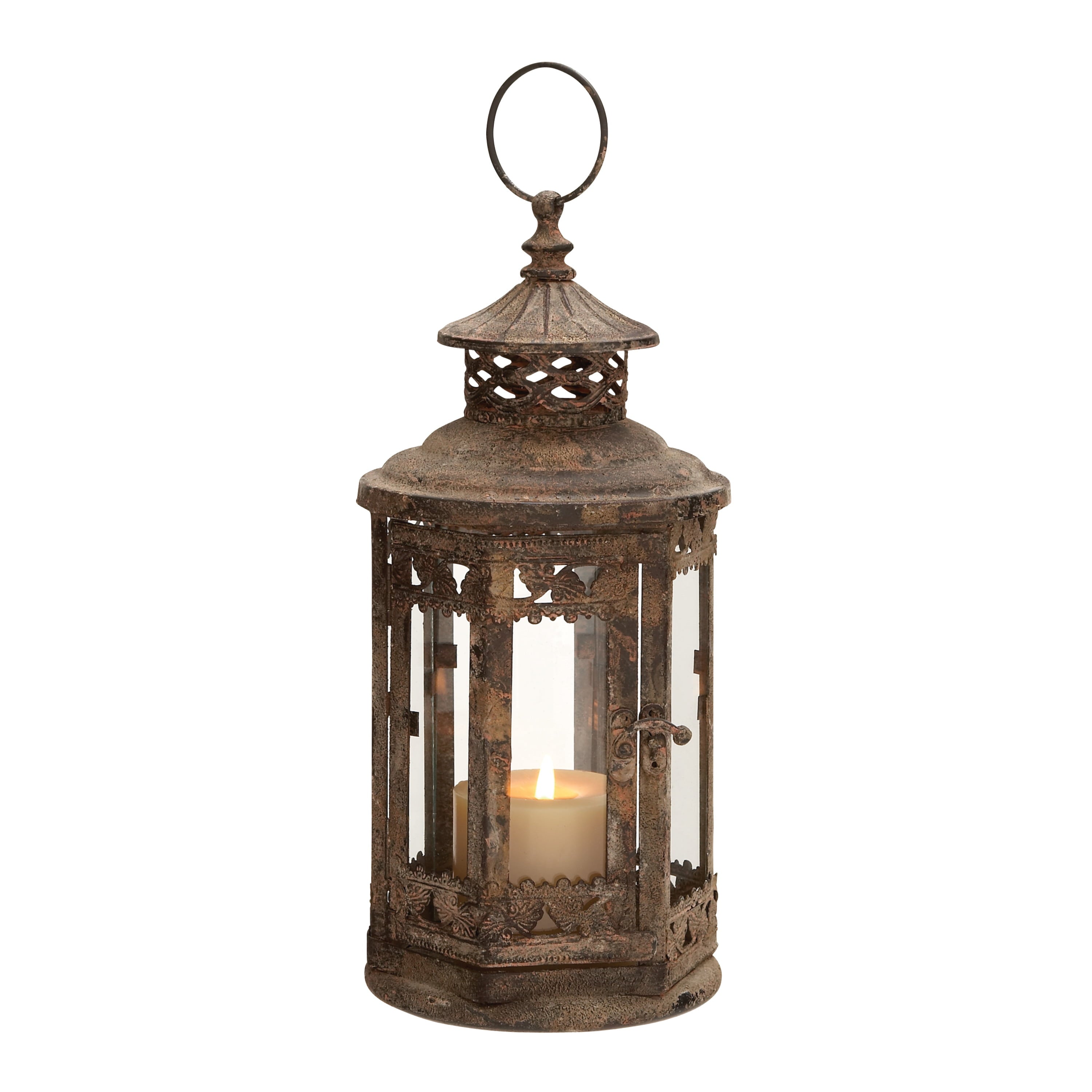 DecMode Brown Metal Candle Lantern with Intricate Scroll Work