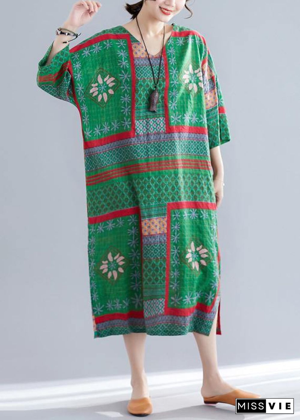 Bohemian v neck side open cotton Women pattern green print Maxi Dresses summer