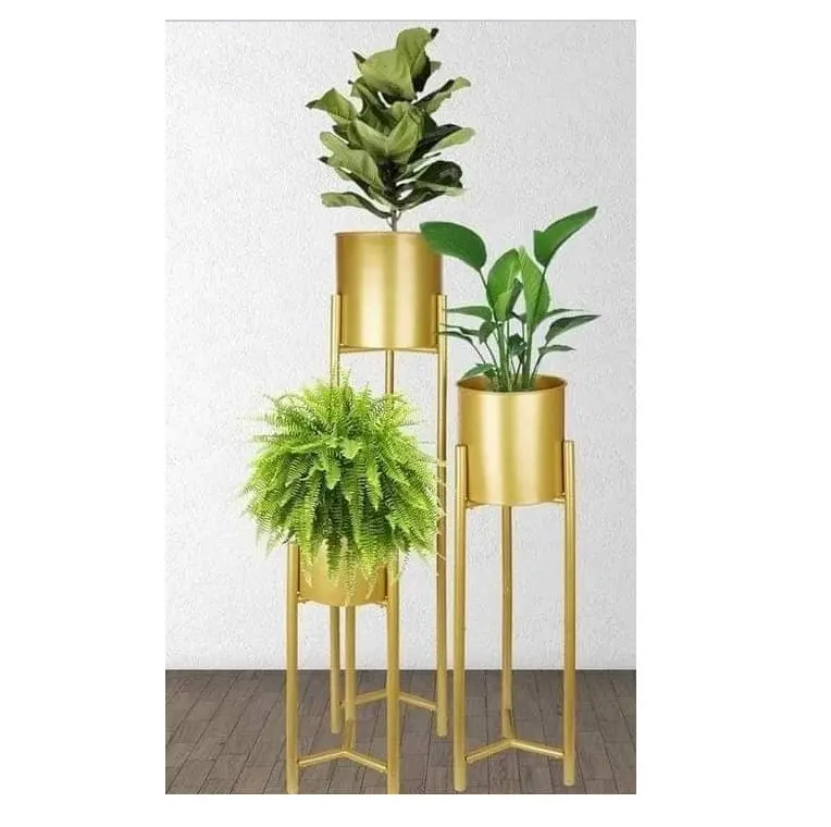 Garden Supplies Iron metal planters and flower pot plant pots in round shape gold color set of 2 pieces indoor outdoor planter