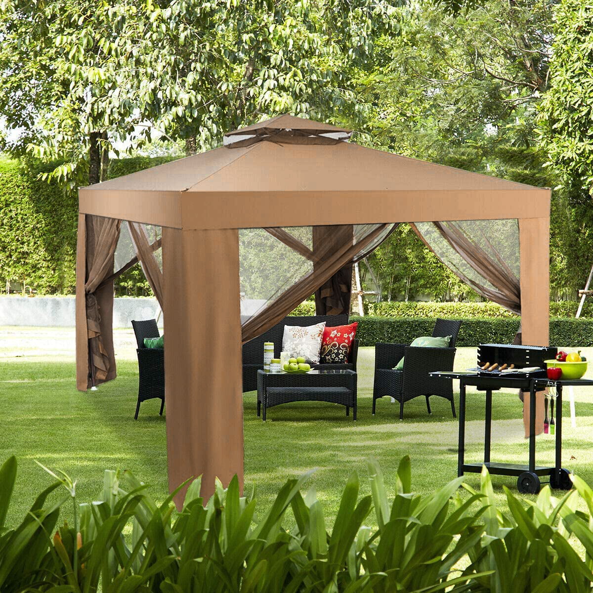 SUGIFT 10'x10' Outdoor Gazebo Patio Tents Garden Canopy  Shelter W/ Netting, Brown