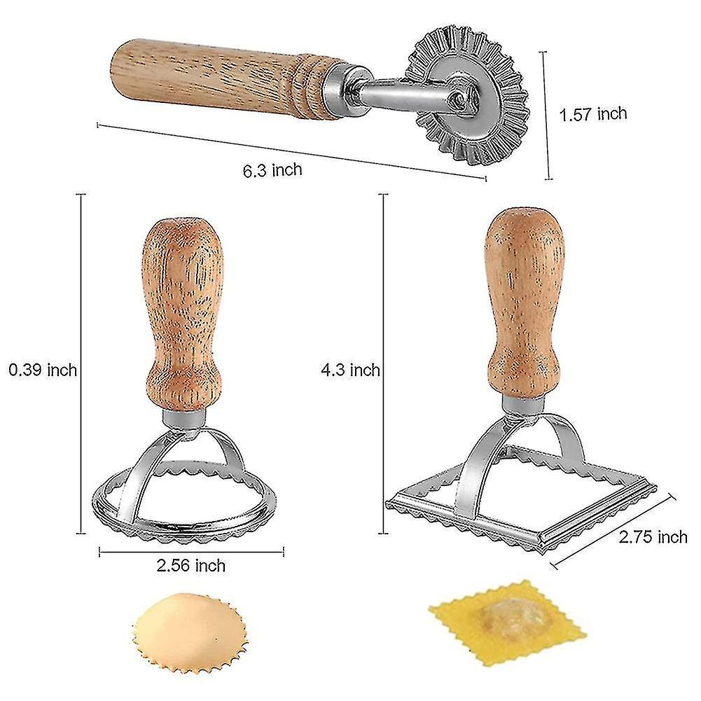 3pcs Ravioli Stamp Maker Cutter With Roller Wheel Set，mold With Wooden Handle For Pasta，dumplings L