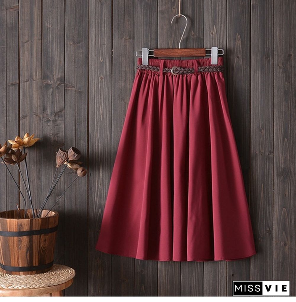 Midi Knee Length Summer Skirt Women With Belt Ladies High Waist Pleated A-Line School Skirt Female