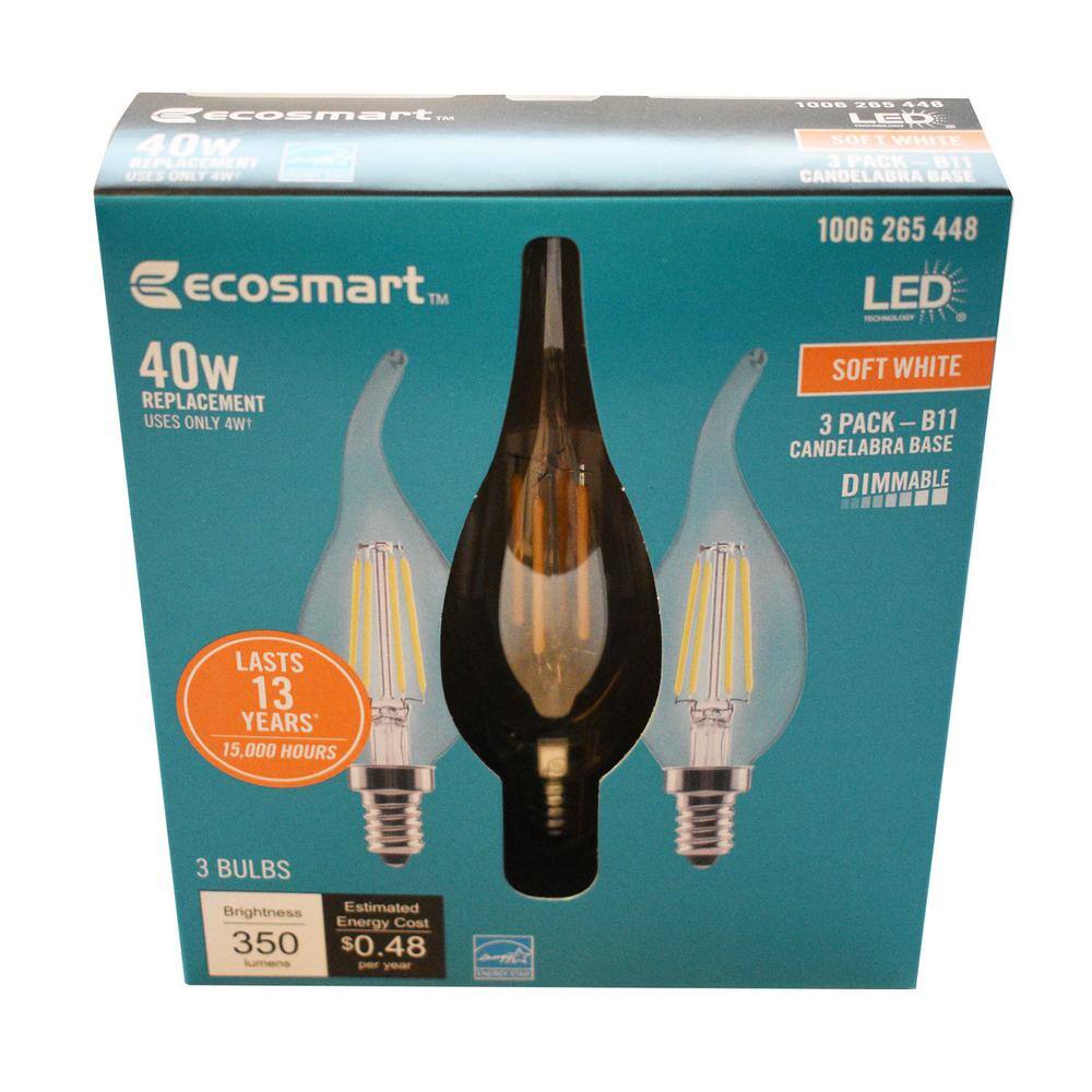 EcoSmart 40-Watt Equivalent B11 Dimmable Candelabra Flame Bent Tip Clear Glass LED Vintage Edison Light Bulb Soft White (3-Pack) FG-04185