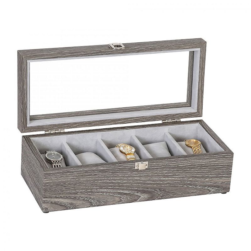 Mele and Co. Nolan Wooden Glass Top Watch Storage Box in Gray Woodgrain Finish