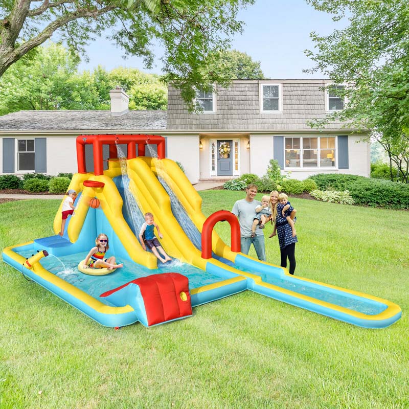 7 in 1 Dual Slide Water Park Bouncy Castle Inflatable Bounce House with Climbing Wall, Splash Pool, Basketball Rim, Water Gun & Sprinker