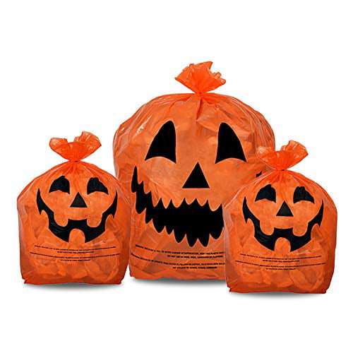 KINREX Halloween Pumpkin Plastic Lawn and Leaf Bags Decoration - Outdoor Fall Trash Bag Decor - Orange Jack O Lantern - Pack of 3 with Twist Ties