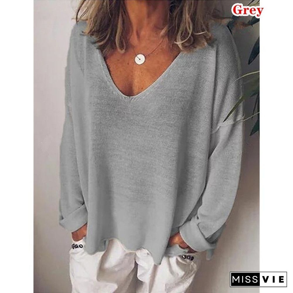 Autumn Women Solid Color Plus Size Shirts Casual Loose Tops V-Neck Blouses Long Sleeve Shirt