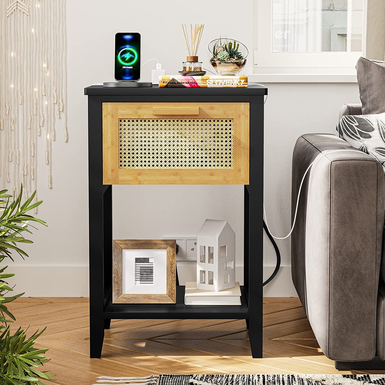 Rattan Nightstand Set of 2 with Charging Station, BedSide Table, Black Finish