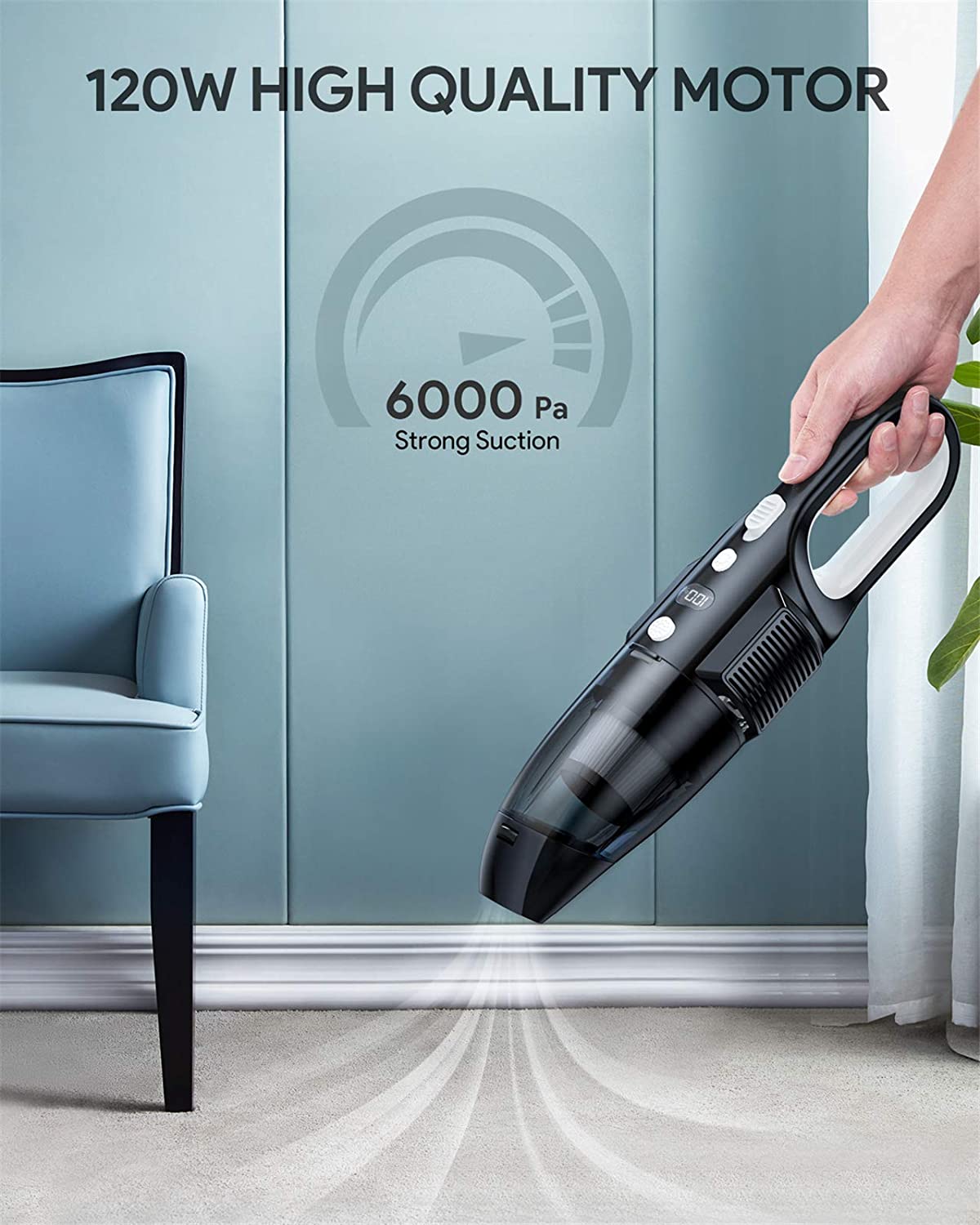 Handheld Vacuum, Cordless Car Vacuum Cleaner with 6KPa Strong Suction and 120W High Power