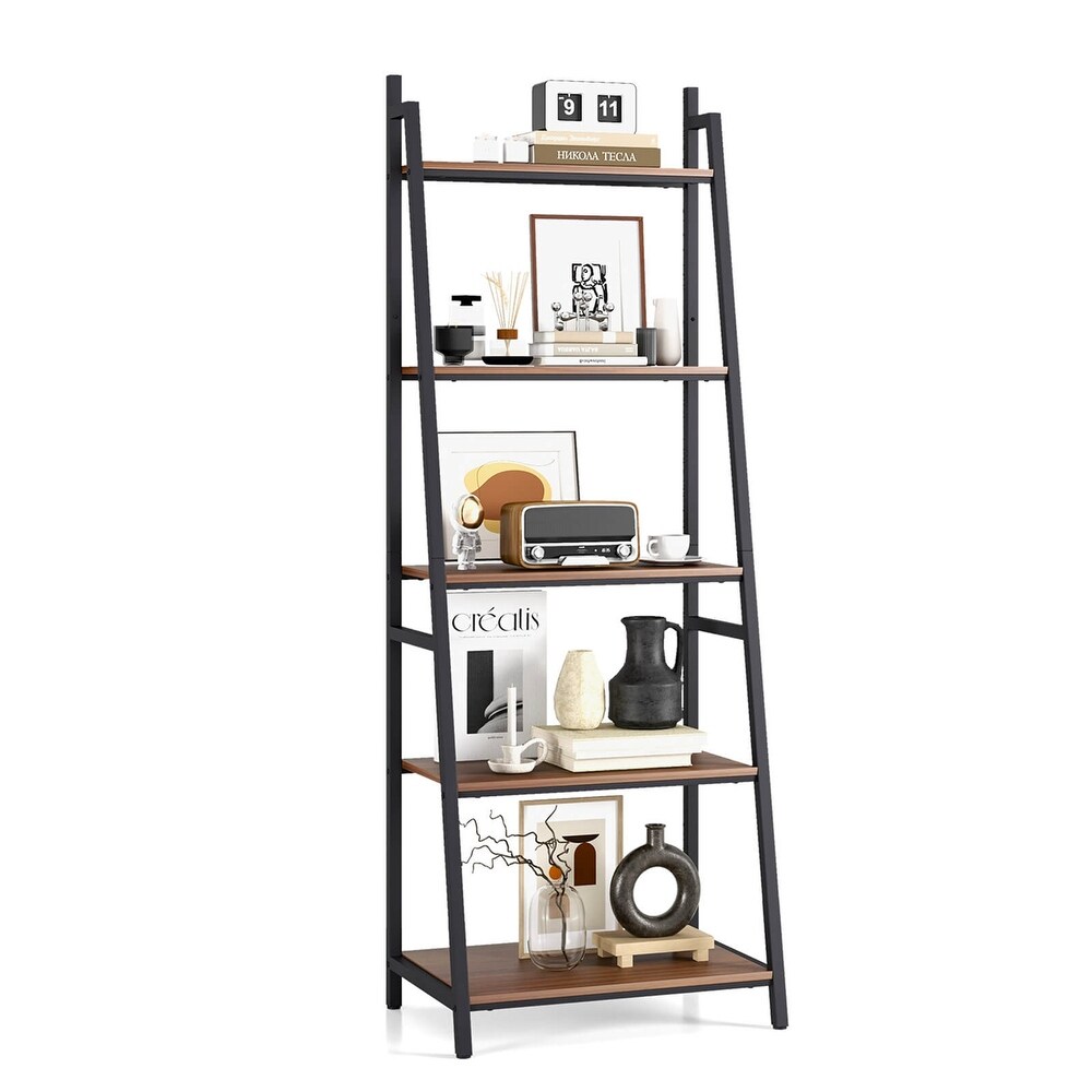 Costway Industrial Ladder Shelf Rustic 5 Tier Leaning Bookshelf Wood   See Details