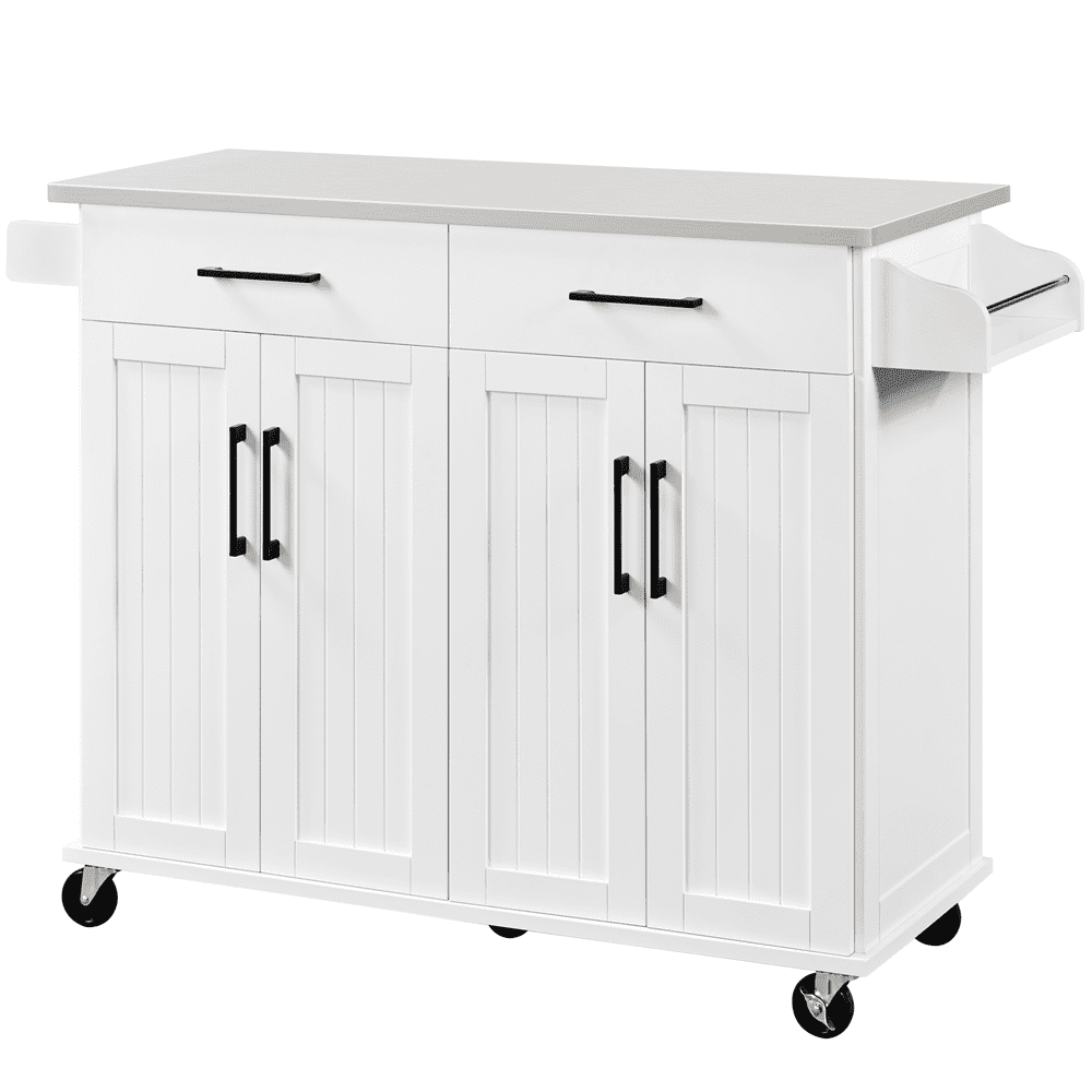 Easyfashion Large Kitchen Island Cart with Stainless steel tabletop， White