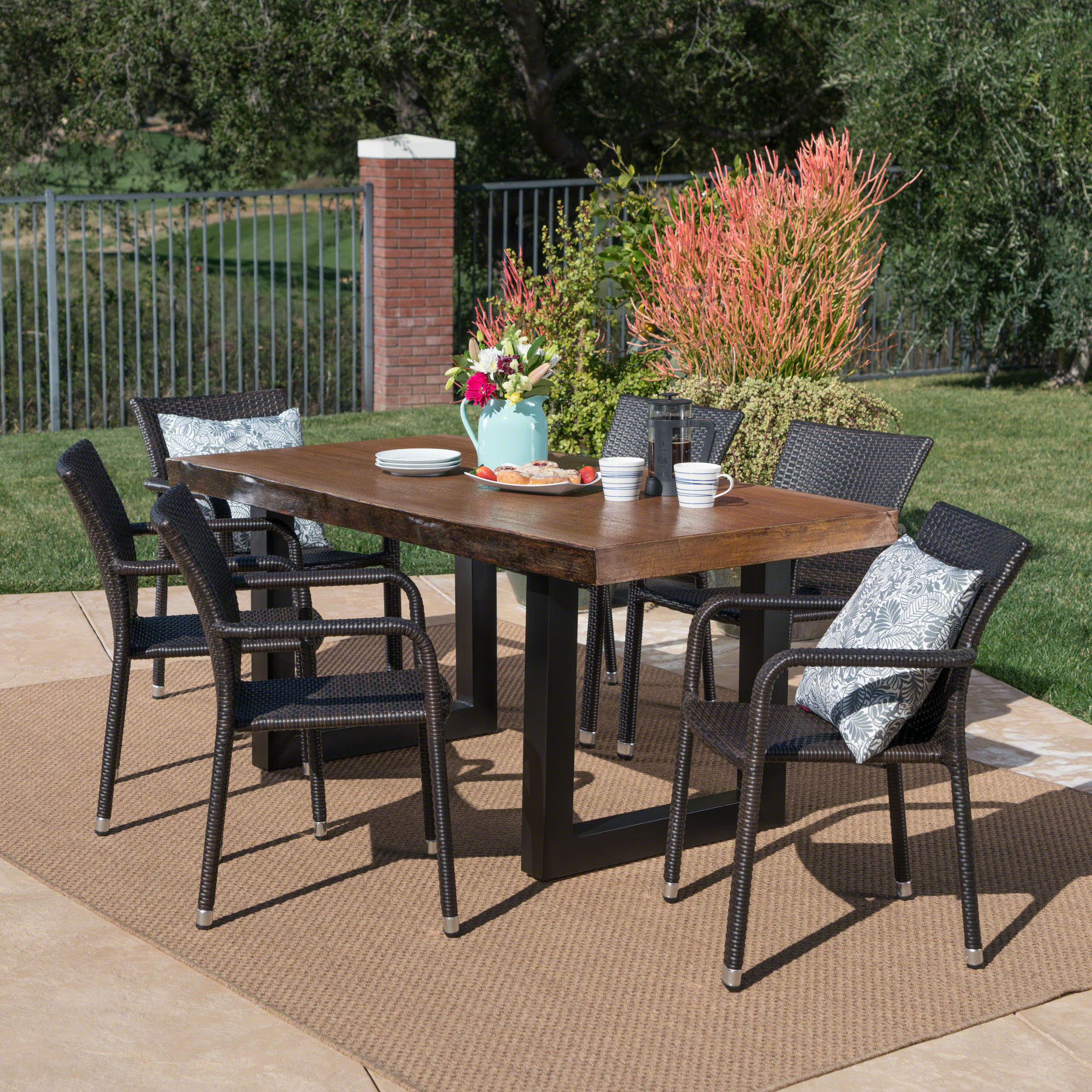 Zendaya Outdoor 7 Piece Wicker Dining Set with Light Weight Concrete Table