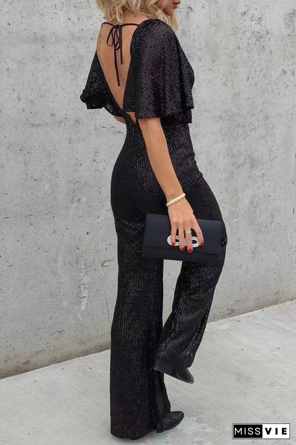 Casual Simplicity Solid Sequins V Neck Regular Jumpsuits