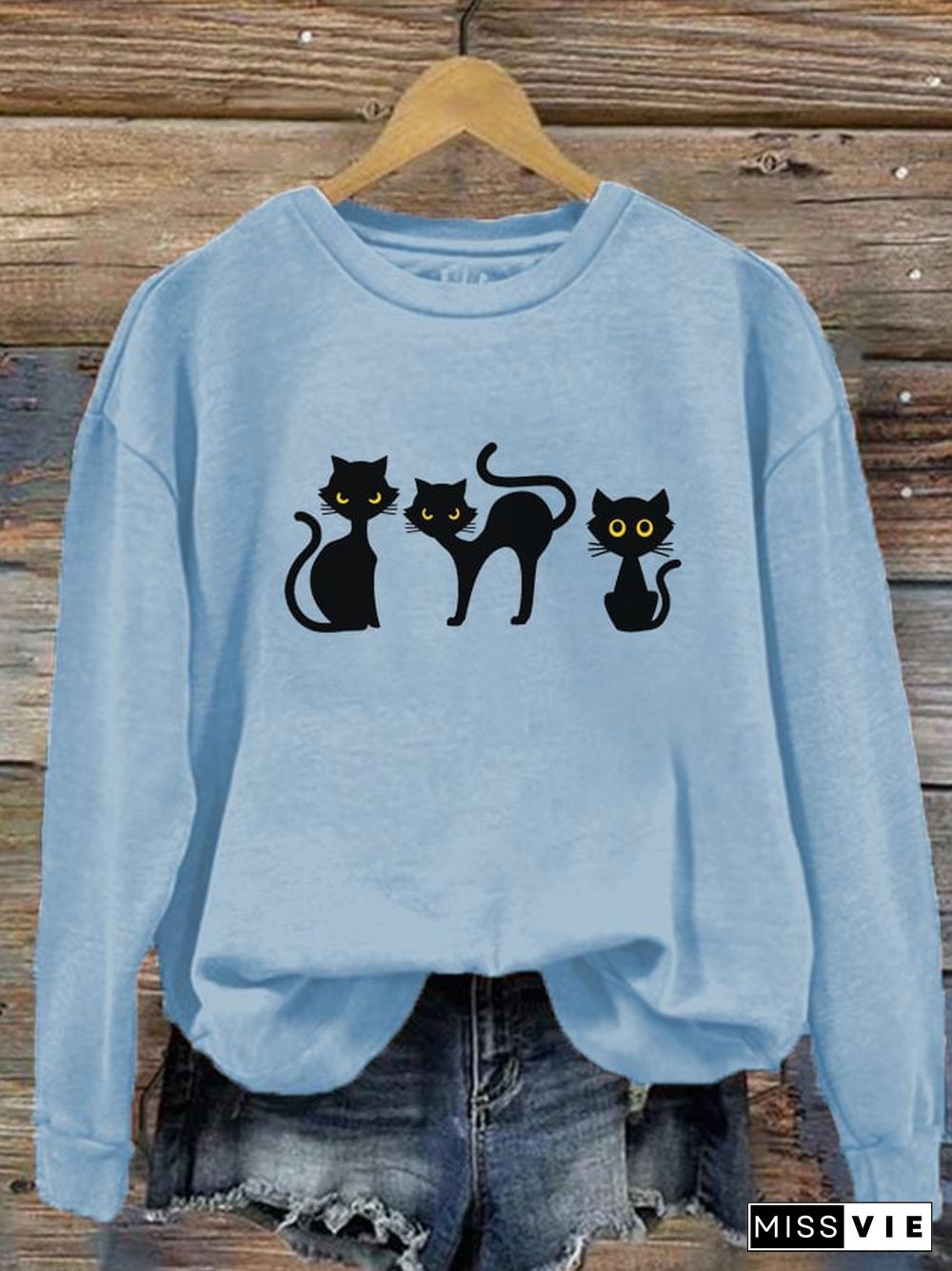 Women's Halloween Cat Print Crew Neck Sweatshirt