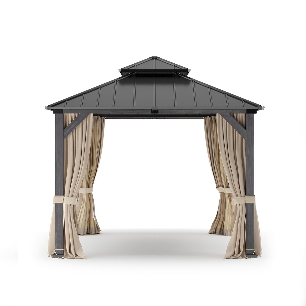 Outdoor Hardtop Aluminum Patio Gazebo with Curtains Steel Double Roof Pergolas