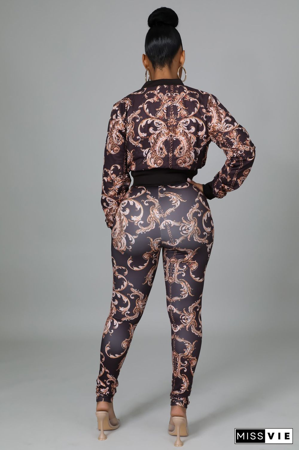 Printed Long Sleeve Zipper Jacket And Pant Suits