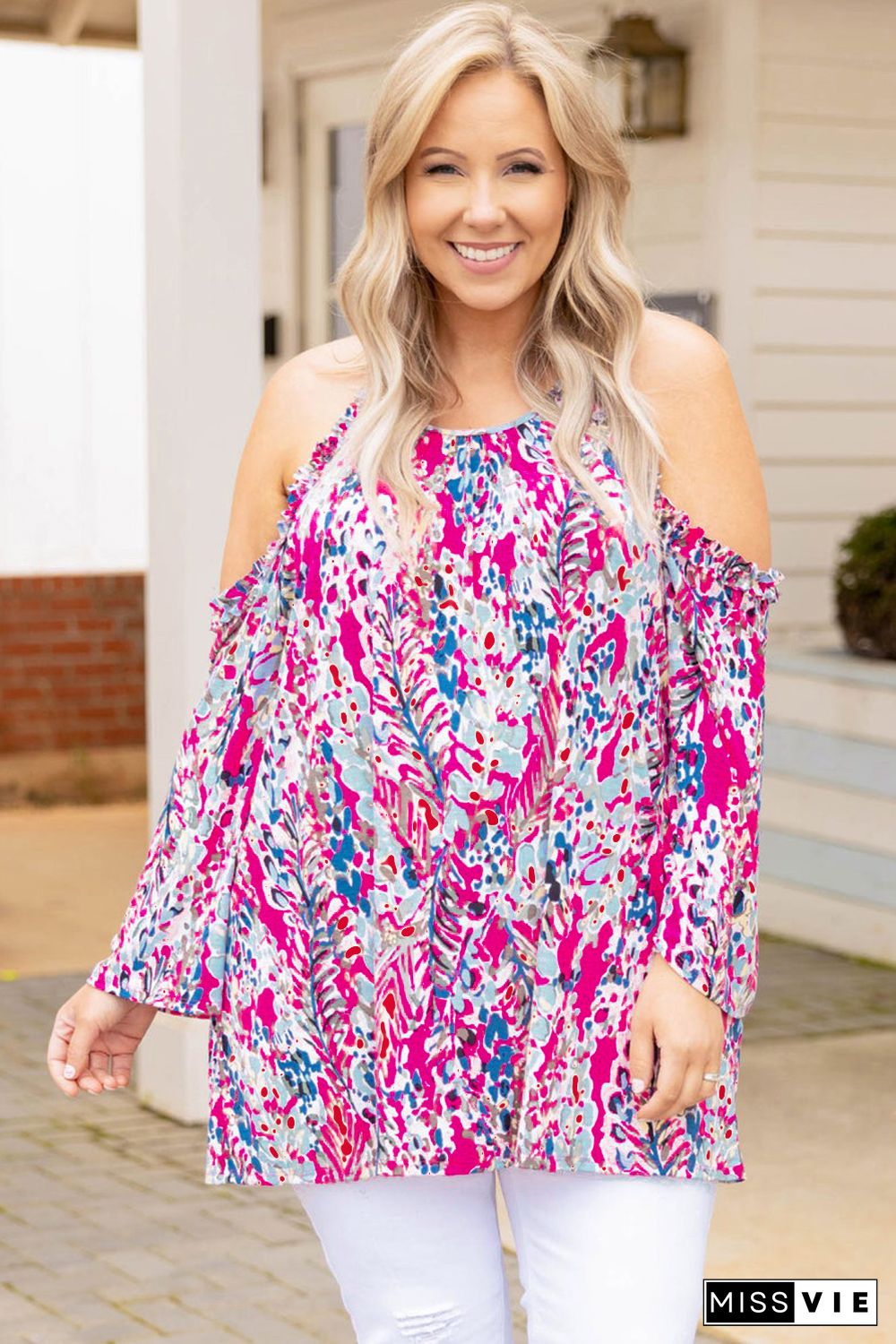 Floral Print Cold Shoulder Plus Size Top