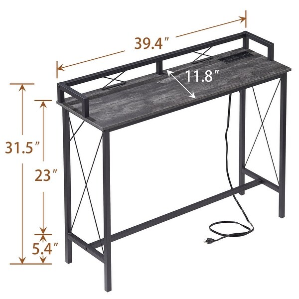 Extra Long Console/Sofa Table with Charging StationandPower Outlet， Charcoal Grey