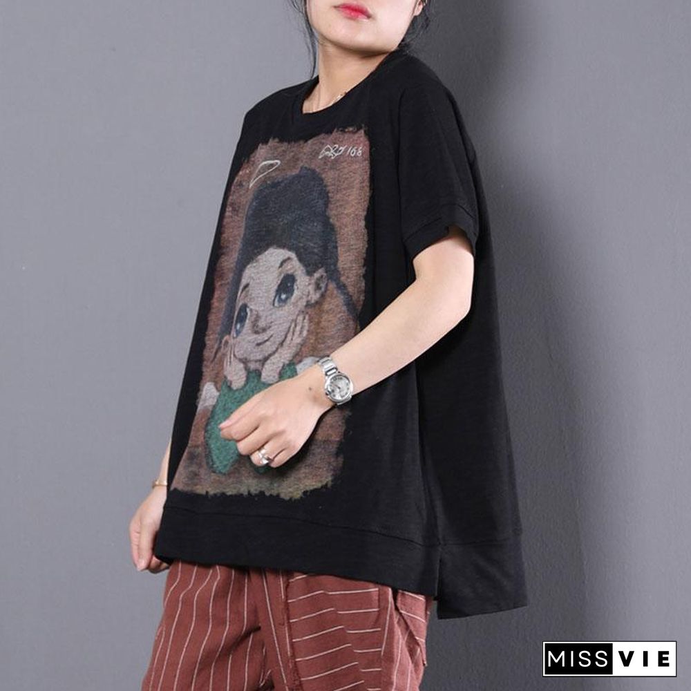 vintage pure cotton tops oversized Loose Cartoon Printed Short Sleeve Black T-shirt