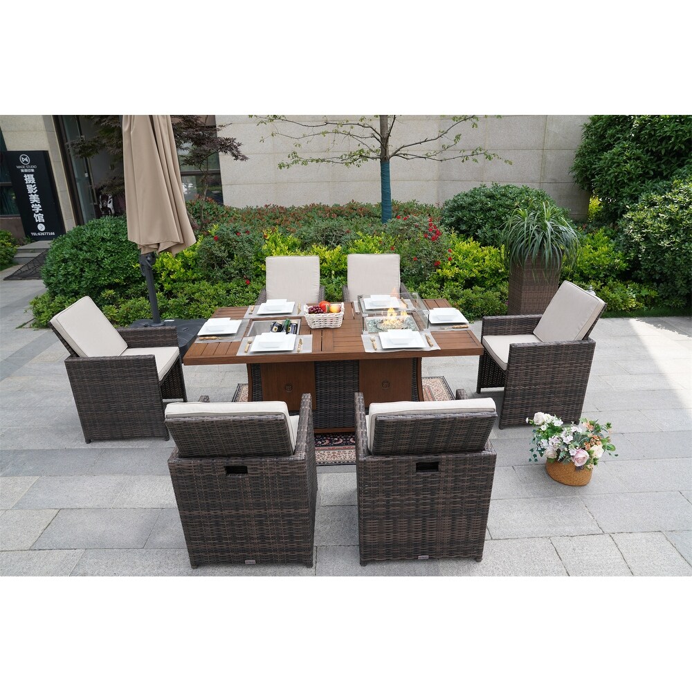 Brown Garden Patio Rectangular Dining Set With Gas Firepit And Ice Bucket and Ottomans