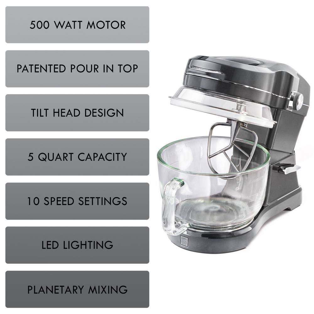 KENMORE Kenmore Elite Ovation 5 Qt Stand Mixer 500W 10-Speed Pour-In Top Beater Whisk Dough Hook Grey KKEOVSMG