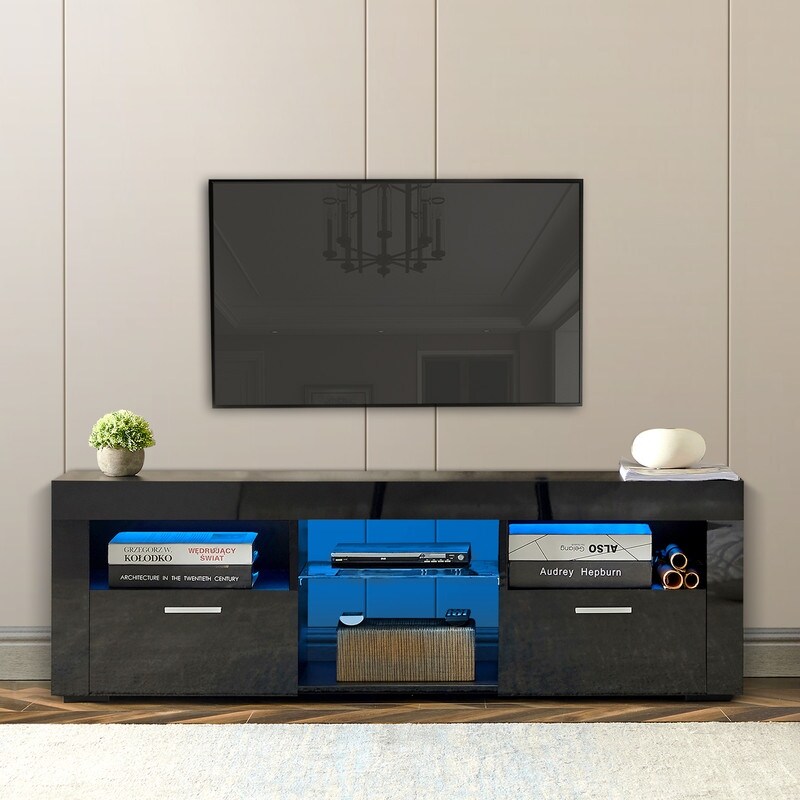 Modern entertainment center with LED lights  high light media TV console with tempered glass shelf