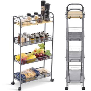 4-Tier Slim Rolling Cart with Wooden Tabletop Easy Assemble Mobile Storage Cart with Wheels Slide Out Utility Cart PURSYF