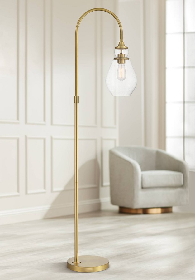 Tall Chairside Arc Floor Lamp Warm Gold Metal Clear Seeded Glass Shade For Living Room Reading Home