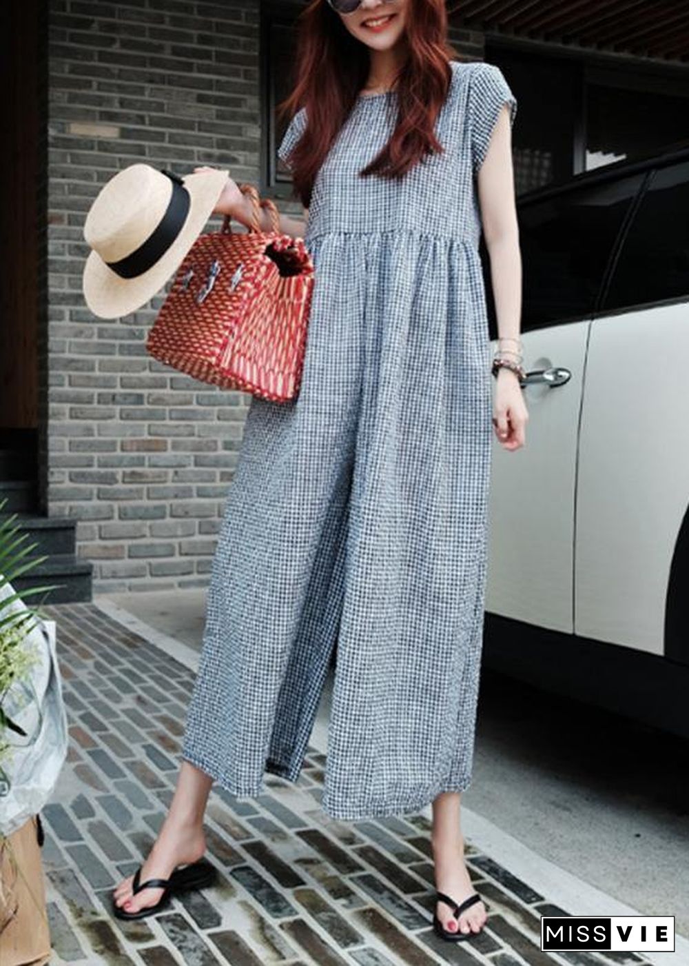 Beautiful plaid casual zippered jumpsuit pants Sewing trousers