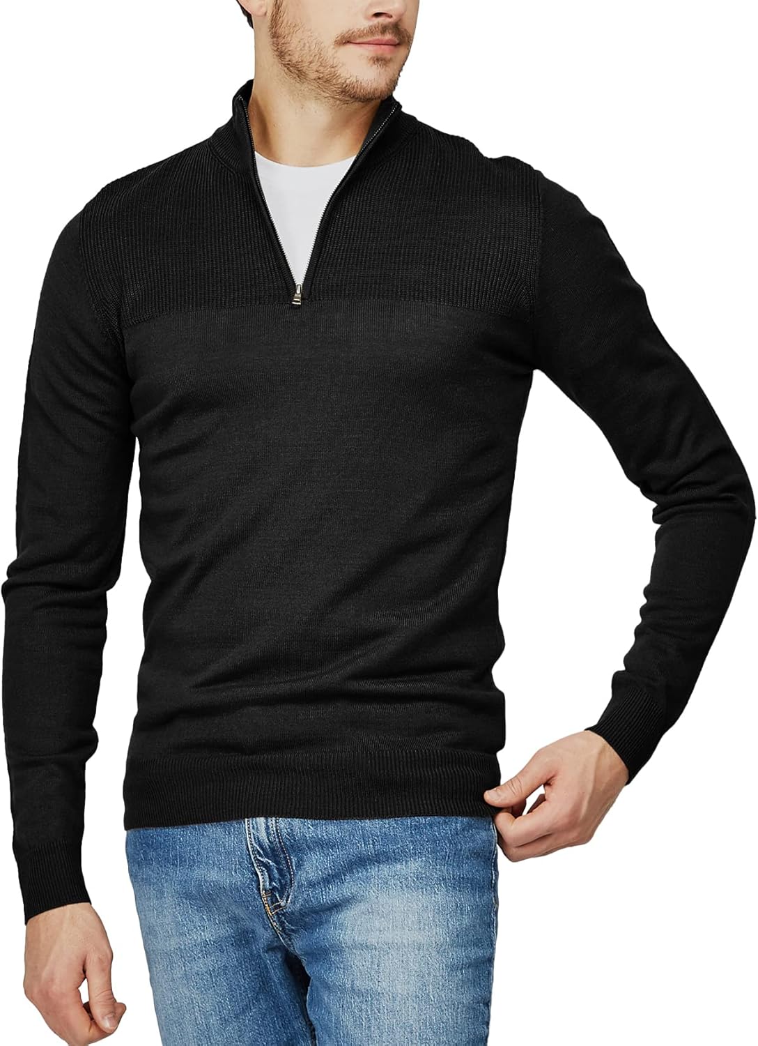 H2H Mens Casual Slim Fit Pullover Sweaters Long Sleeve Knitted Fabric Zip Up Mock Neck Polo Sweater