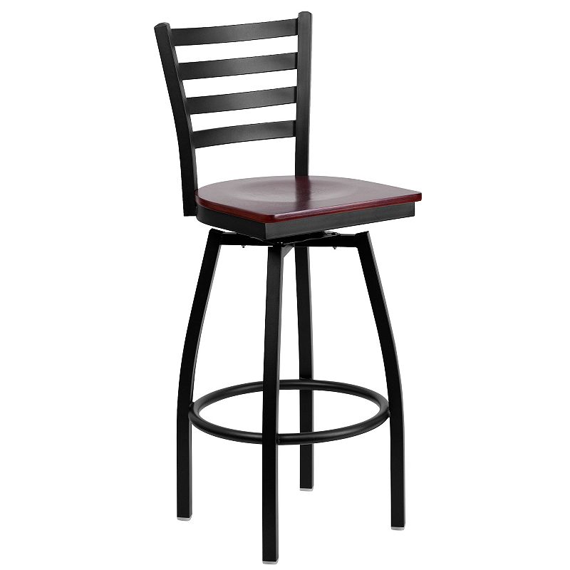 Emma and Oliver Black Metal Ladder Back Swivel Barstool， Cherry Wood Seat