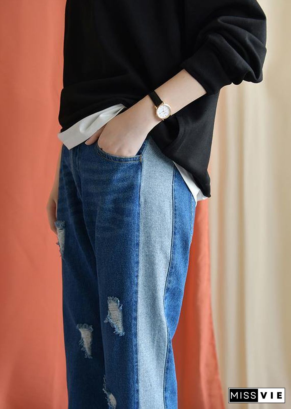 2019 autumn casual patchwork pants women elastic waist ripped jeans