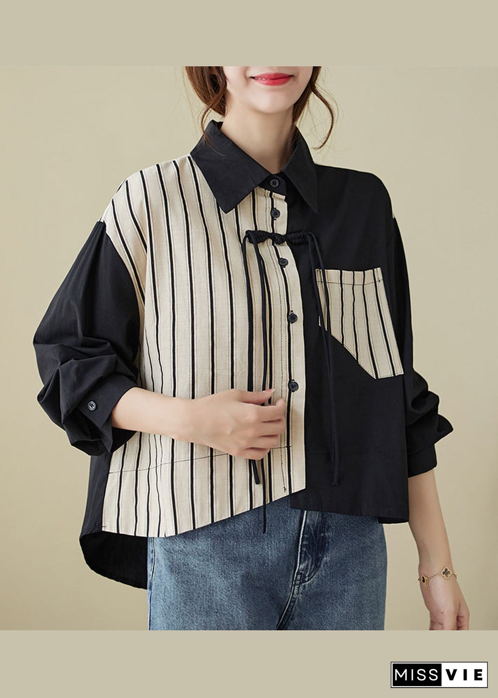 Casual Colorblock Striped Tasseled Patchwork Cotton Shirt Top Fall