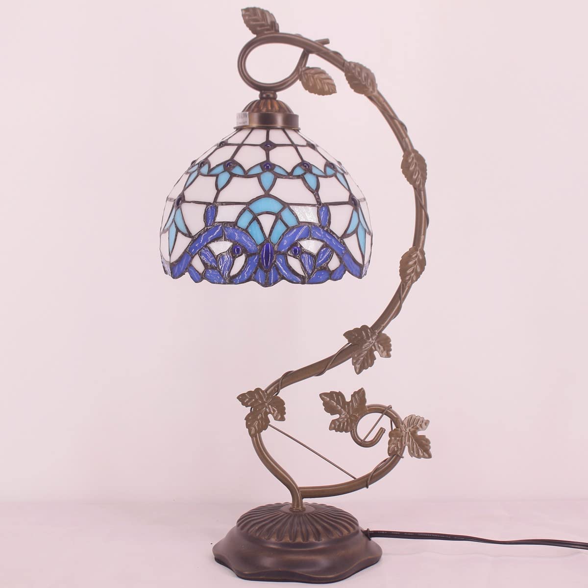 SHADY  Style Lamp White Blue Stained Glass Table Lamp Reading Desk Light Metal Leaf Base 8X10X21 Inches Decor Small Space Bedside Bedroom Home Office S003B Series