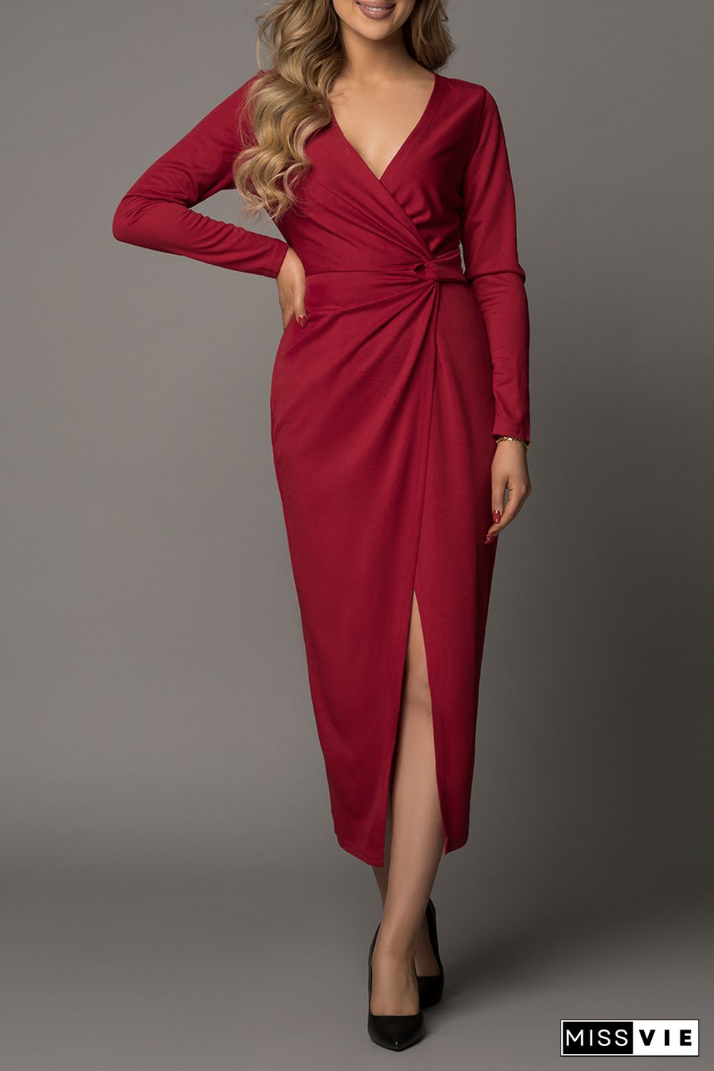 Wine Red Long Sleeve V Neck Twist Front Slit Long Dress