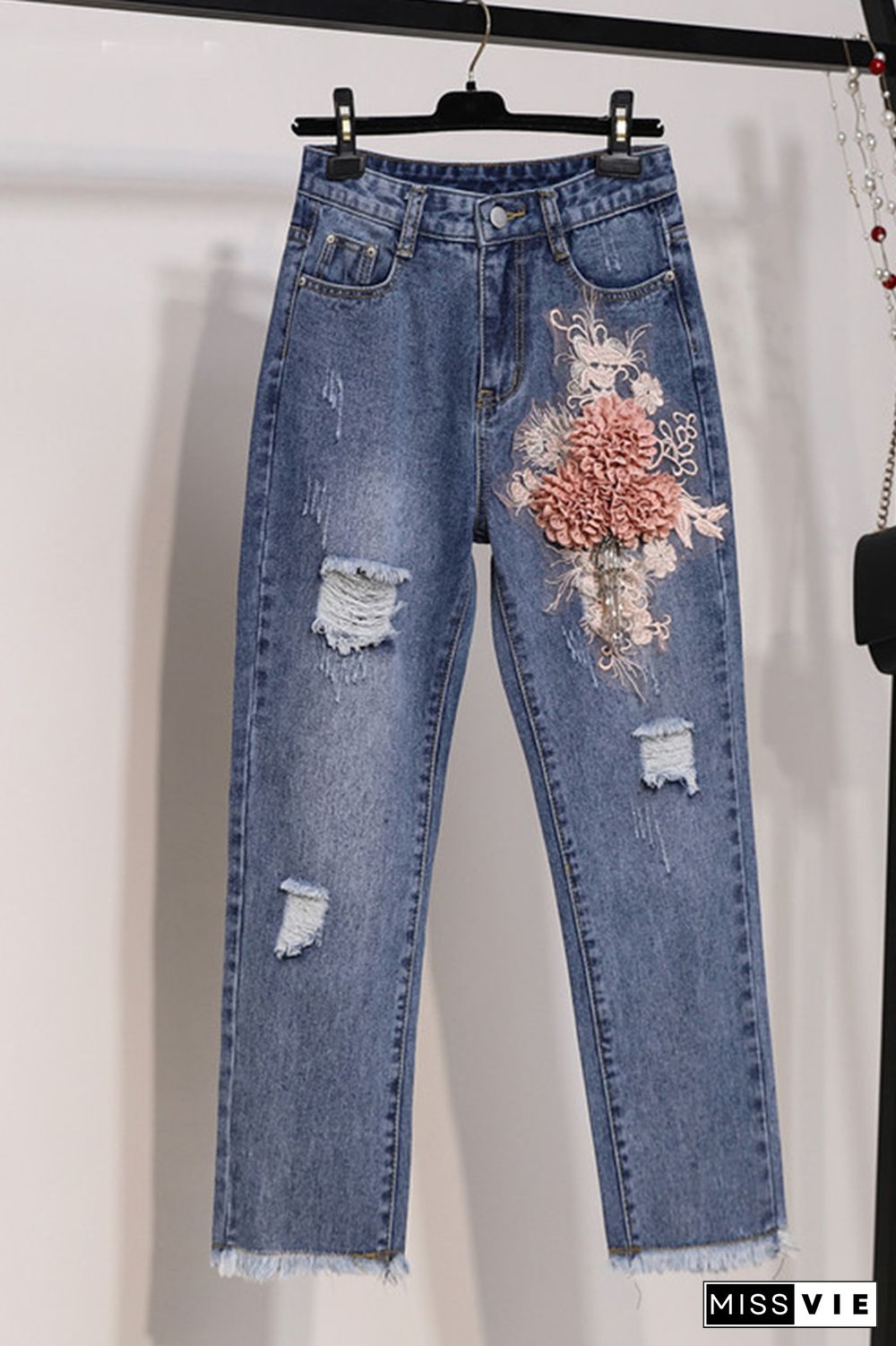 Floral Embroidery Ripped Jeans Wholesale