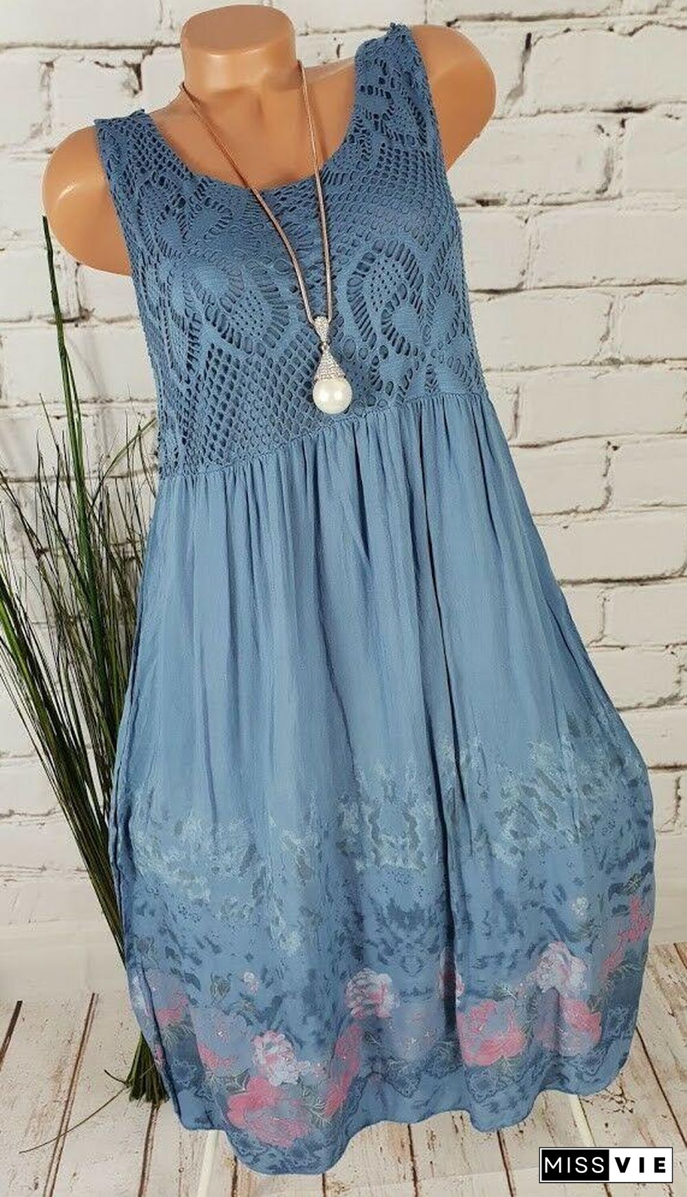 Women Sleeveless Lace Floral Printed Dress